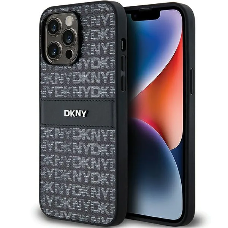 Obal DKNY Leather Mono Stripe & Metal Logo pre iPhone 14 Pro - čierny