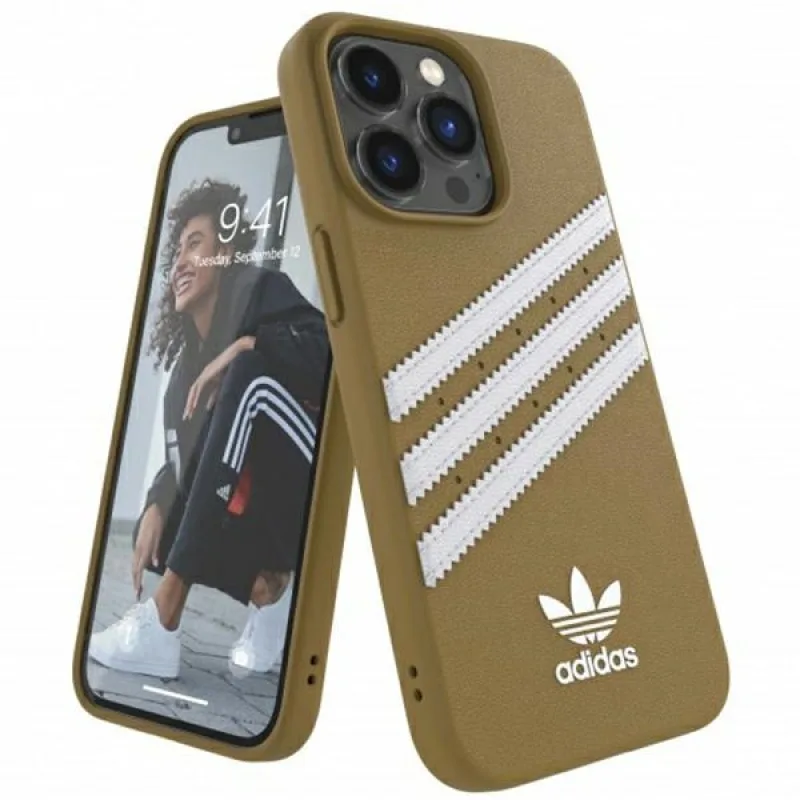 Puzdro Adidas OR Molded PU pre iPhone 13 Pro Max – béžové a zlaté