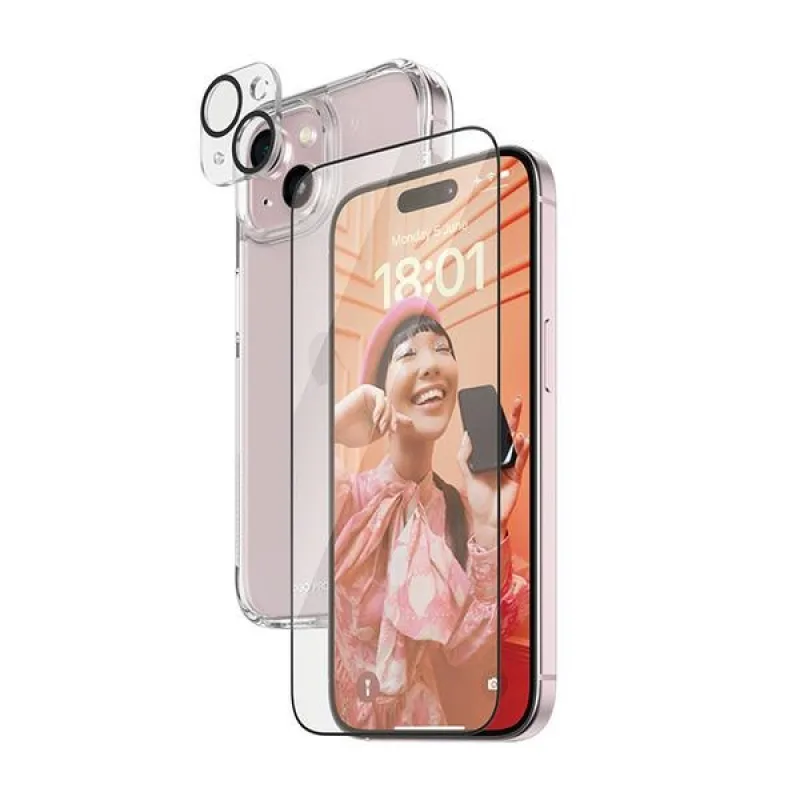 Sada PanzerGlass Bundle 3v1 priehľadné puzdro + fólia + kryt na fotoaparát pre iPhone 15 Plus