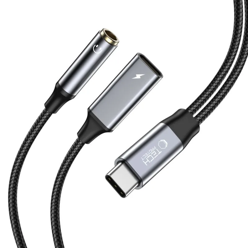 Tech-Protect UltraBoost USB-C (samec) PD 60W 6A / mini jack 3,5 mm (samica) - USB-C (samica) - čierny