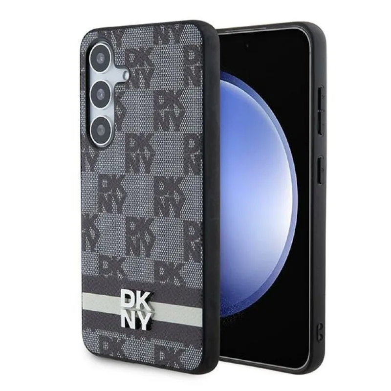 Kožené púzdro DKNY s kockovaným mono vzorom a pruhmi s potlačou pre Samsung Galaxy S24 – čierne