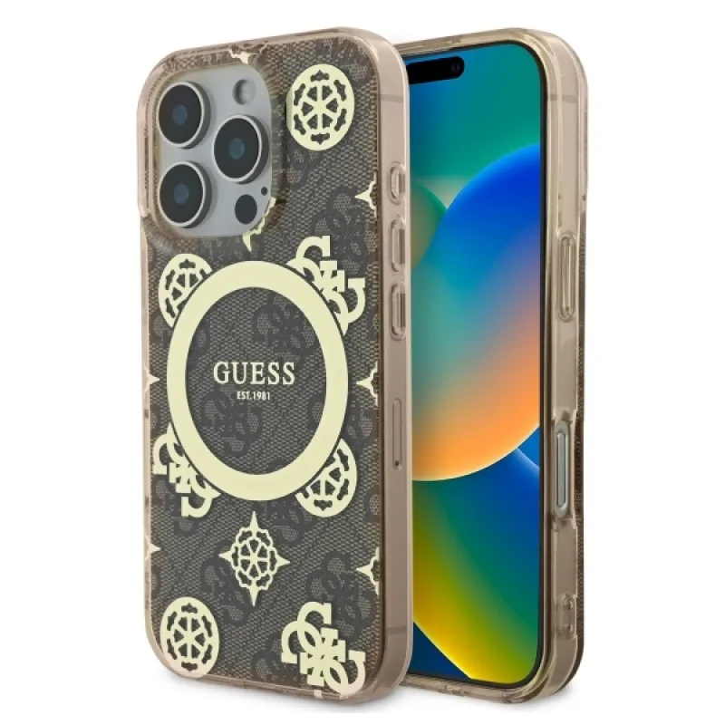 Puzdro MagSafe Guess IML na 4G pozadí pre iPhone 16 Pro – hnedé