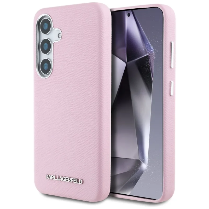 Karl Lagerfeld Saffiano celé zabalené predĺžené kovové puzdro MagSafe s logom pre Samsung Galaxy S25+ – ružové