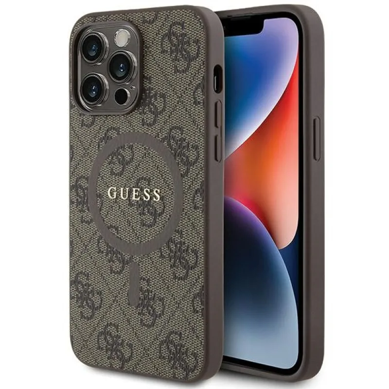 Guess 4G Collection kožené kovové logo MagSafe puzdro pre iPhone 14 Pro - hnedé