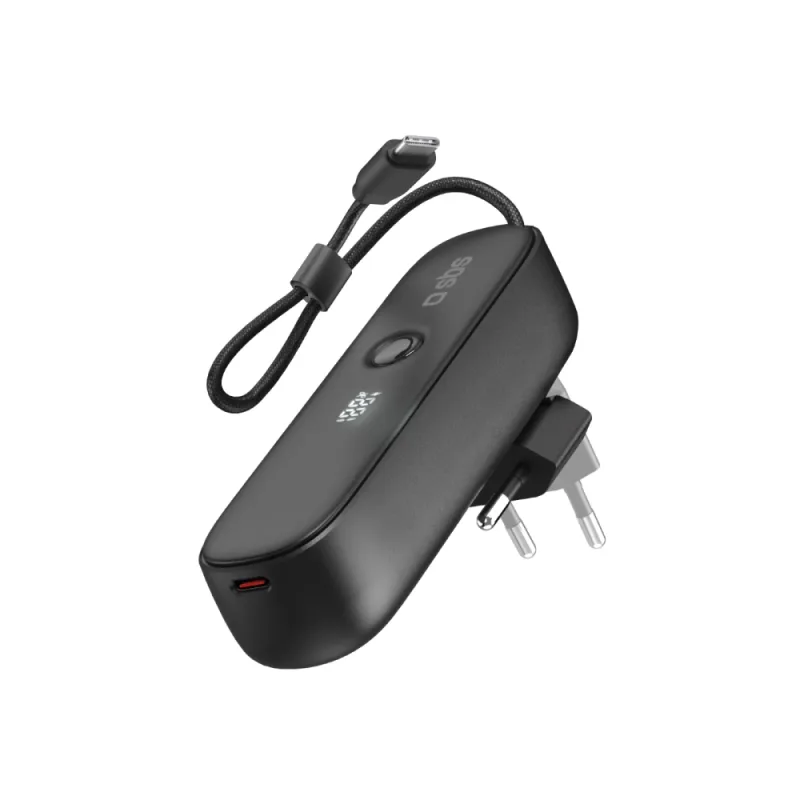 Power banka SBS Hybrid PD 20W 5000mAh so vstavaným káblom a skladacou zástrčkou – čierna