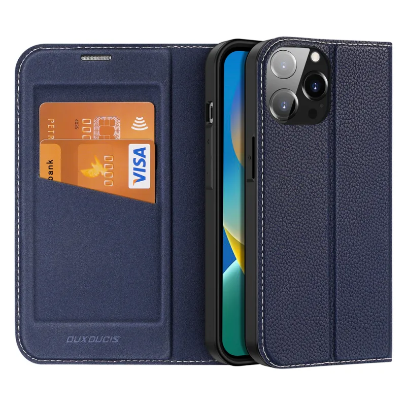 Puzdro Dux Ducis Skin X2 pre iPhone 14 Pro Max s magnetickou klapkou modré