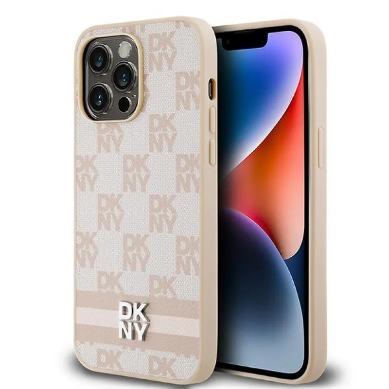 Púzdro DKNY Leather Checkered Mono Pattern & Printed Stripes pre iPhone 14 Pro Max - ružové