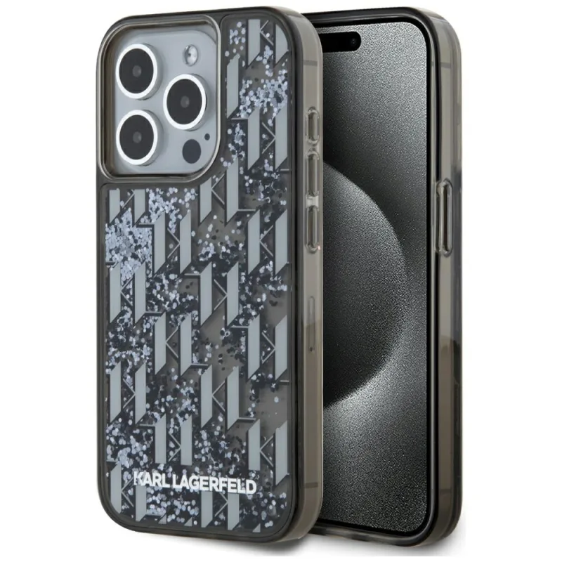 Puzdro Karl Lagerfeld Liquide Glitter Monogram Gradient na iPhone 15 Pro Max – čierne