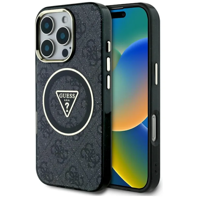 Puzdro Guess IML Metal Glitter 4G Circle Triangle MagSafe pre iPhone 16 Pro – čierne