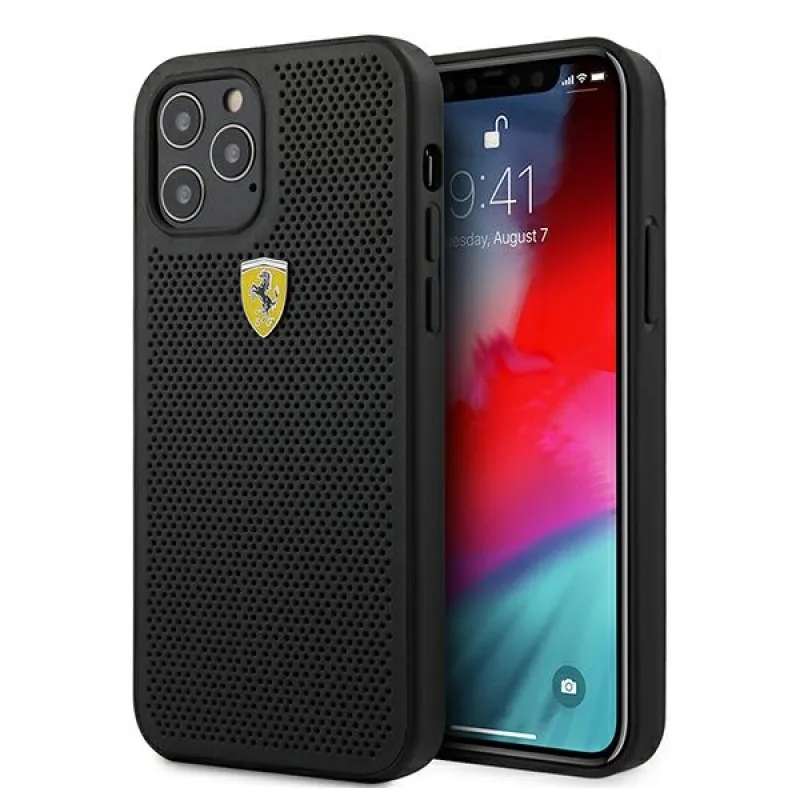 Ferrari FESPEHCP12MBK iPhone 12/12 Pro 6,1" čierno/čierne pevné puzdro On Track perforované