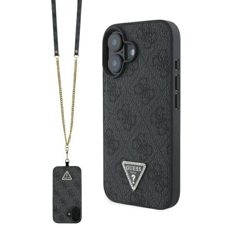 Guess Leather Metal Logo Strass Crossbody Case pre iPhone 16 - čierny
