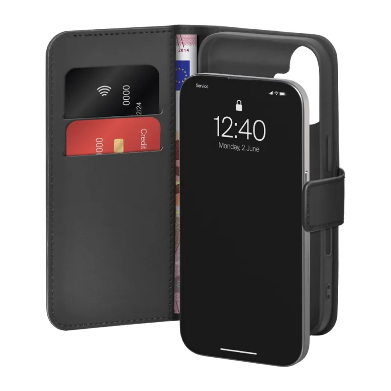 Puzdro Puro Wallet Stand pre iPhone 17 vyrobené z ekokože, s chlopňou, peňaženkou a funkciou stojana - čierne
