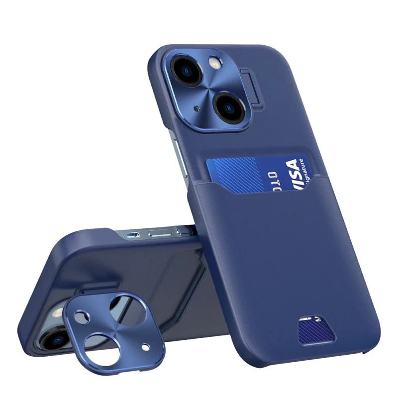 Kožené puzdro Stand Case pre iPhone 14 Plus krycie kartové peňaženky so stojanom modré