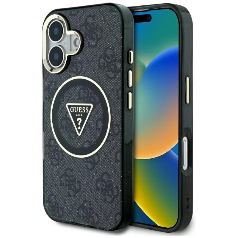 Puzdro Guess IML Metal Glitter 4G Circle Triangle MagSafe pre iPhone 16 – čierne
