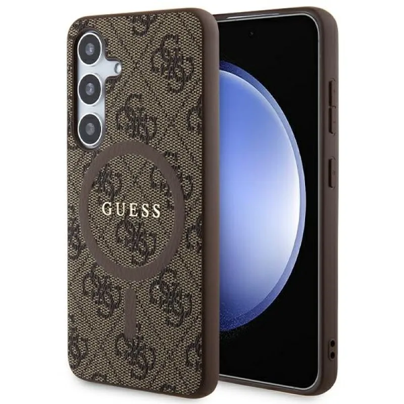 Guess 4G Collection kožené kovové logo MagSafe puzdro pre Samsung Galaxy S24 - hnedé