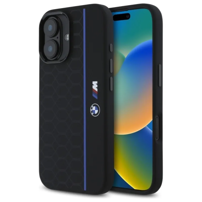 BMW silikónové puzdro Hexagon Blue Line MagSafe iPhone 16 – čierne