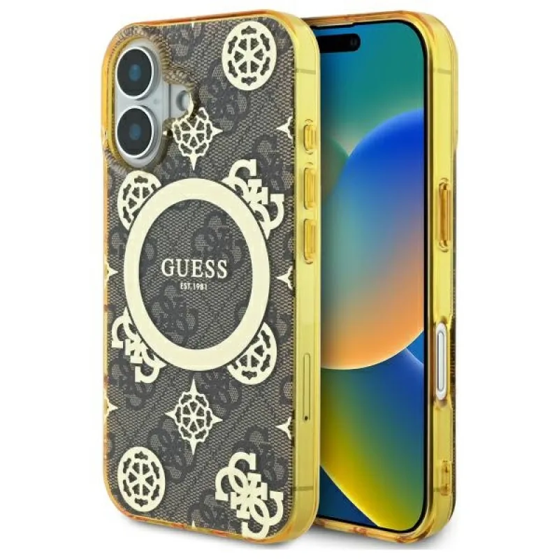Puzdro Guess IML Peony na 4G pozadí MagSafe iPhone 16 – hnedé