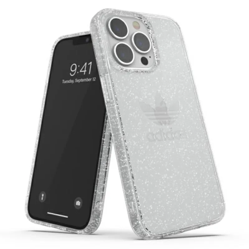Ochranné priehľadné puzdro Adidas OR s trblietkami pre iPhone 13 Pro / iPhone 13 – priehľadné strieborné