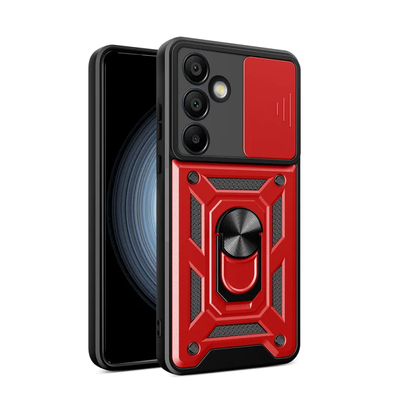 Hybridný Armor Camshield s krytom fotoaparátu a kovovým krúžkom pre Samsung Galaxy S25+ – červený