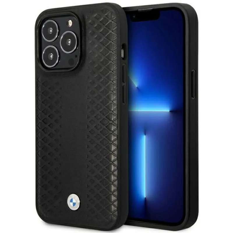 Puzdro BMW BMHMP14X22RFGK iPhone 14 Pro Max 6,7" čierno/čierne Kožené diamantové vzor MagSafe