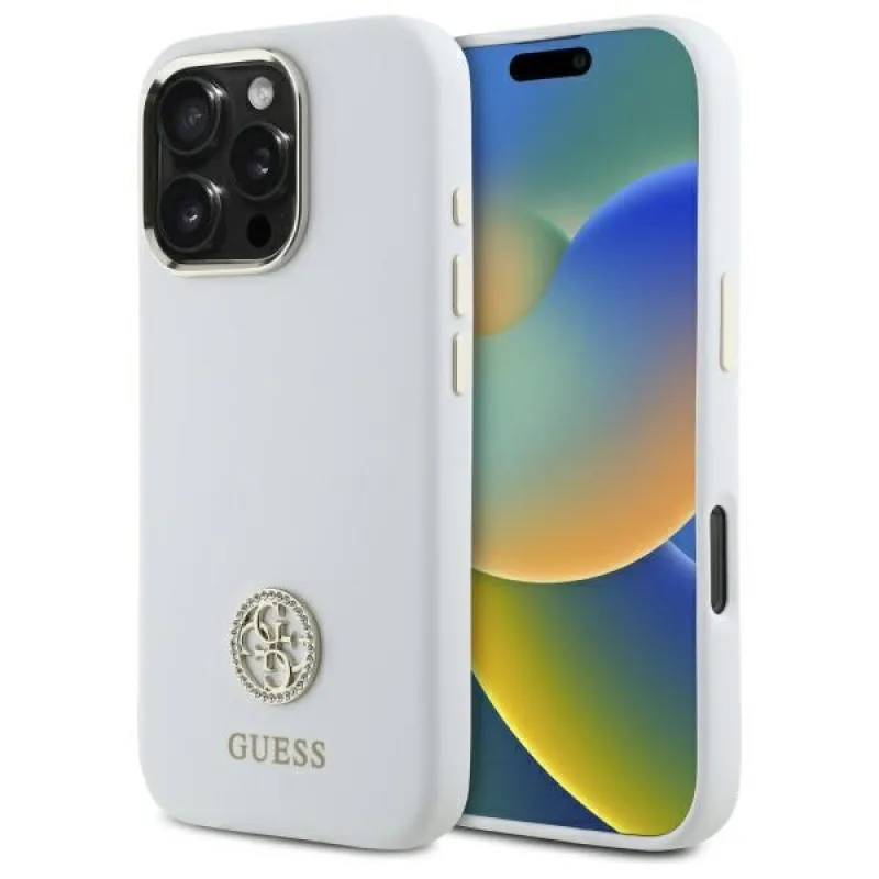 Guess Silicone Logo Strass 4G puzdro pre iPhone 16 Pro Max – biele