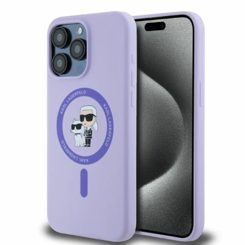 Karl Lagerfeld silikónové puzdro Karl&Choupette Heads Ring MagSafe Case pre iPhone 15 Pro Max – fialové