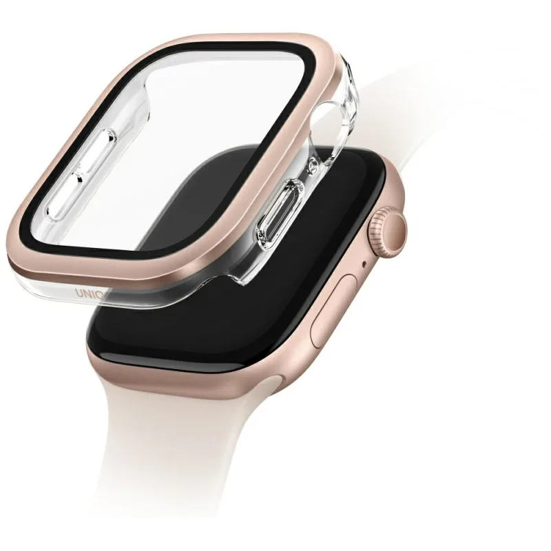 Puzdro Uniq Voute z tvrdeného skla pre Apple Watch 10 46 mm – ružové zlato