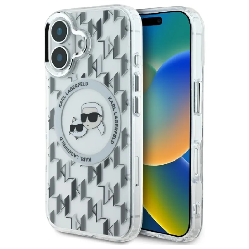 Karl Lagerfeld IML Monogram Karl & Choupette Head MagSafe iPhone 16 Puzdro – priehľadné