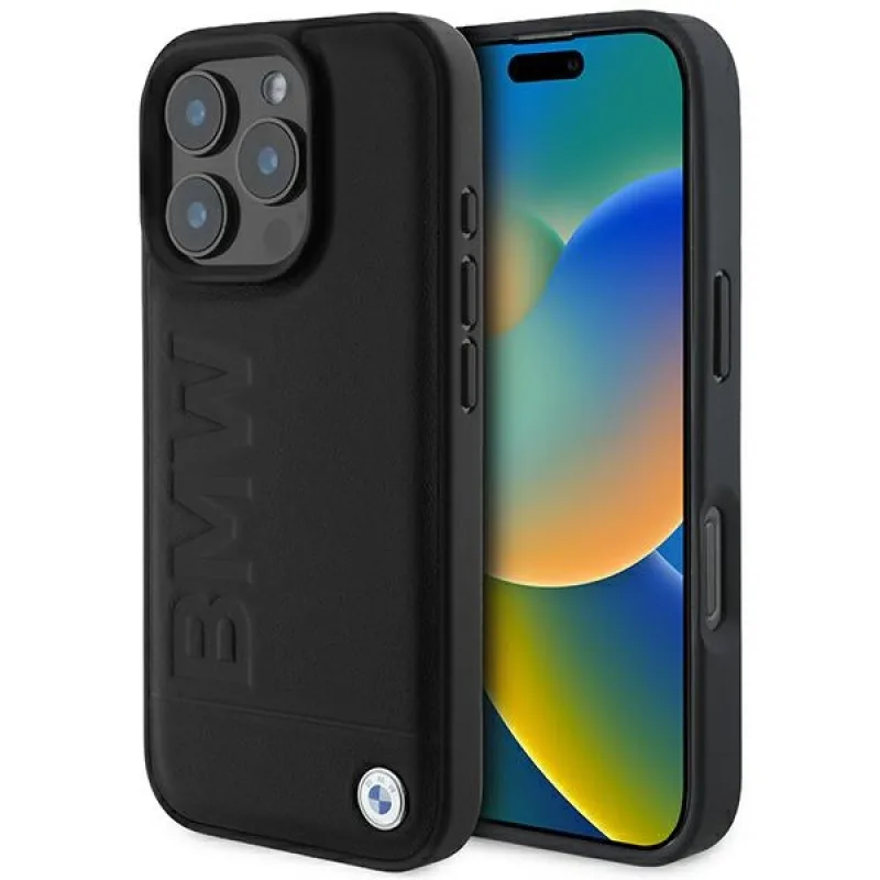 Kožené puzdro BMW Hot Stamp MagSafe iPhone 16 Pro Max – čierne