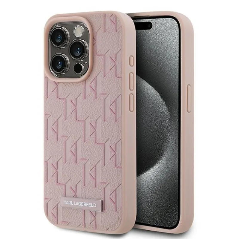 Kožené puzdro Karl Lagerfeld Monogram Metal Logo pre iPhone 15 Pro - ružové