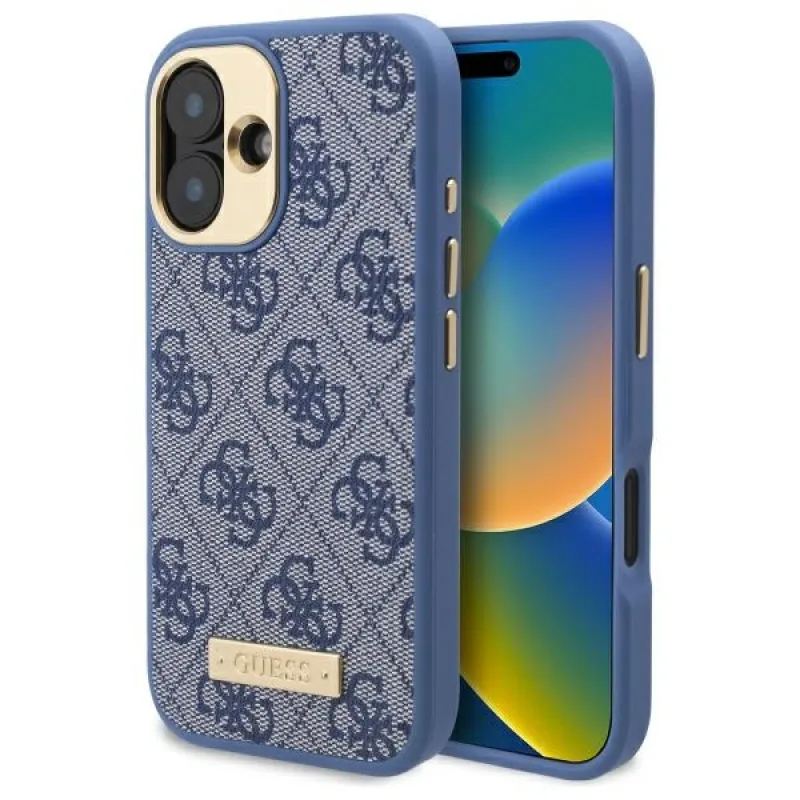 Puzdro Guess 4G Logo Plate MagSafe iPhone 16 – modré