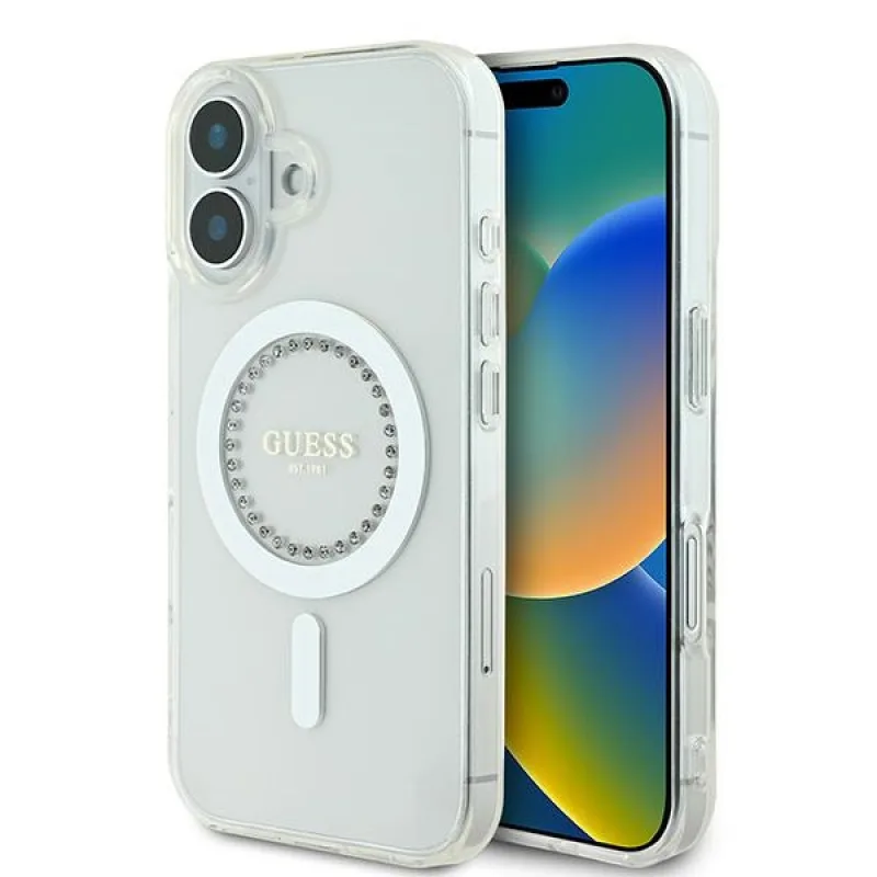 Puzdro Guess IML Rhinestones MagSafe pre iPhone 16 Plus – biele