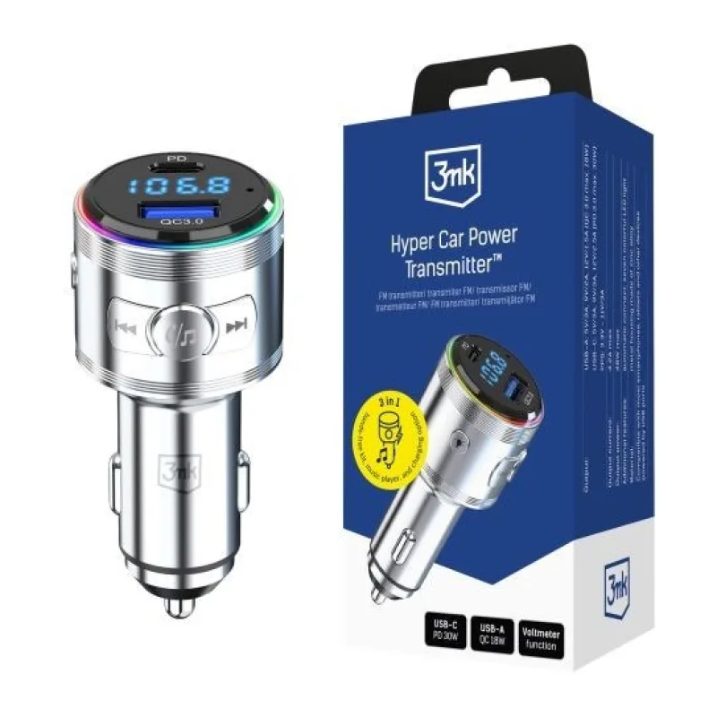 3mk Hyper Car Power Transmitter 48W QC PD PPS USB 1C1A Silver…