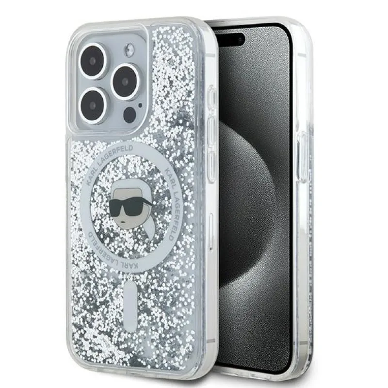 Karl Lagerfeld Liquid Glitter Puzdro Karl Head MagSafe pre iPhone 15 Pro - priehľadné
