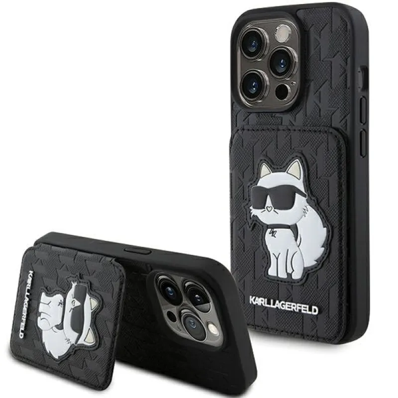 Karl Lagerfeld Saffiano sloty na karty a stojan Monogram Choupette Case pre iPhone 15 Pro – čierne