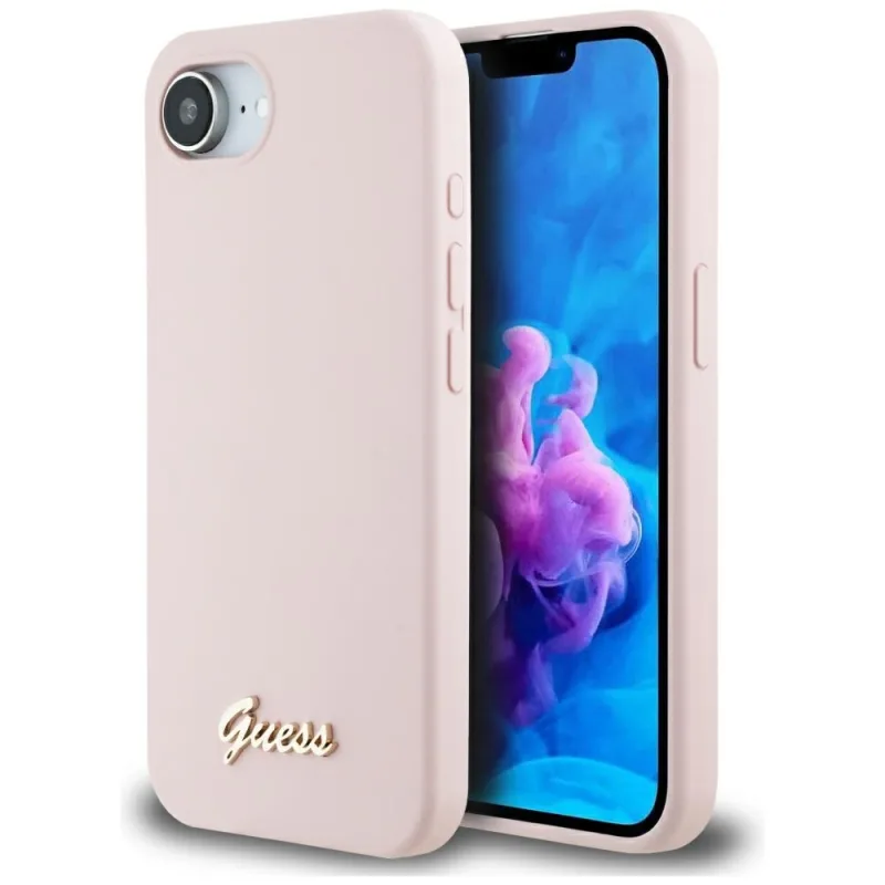 Guess Silicone Script Metal Logo MagSafe iPhone 16e Puzdro – ružové