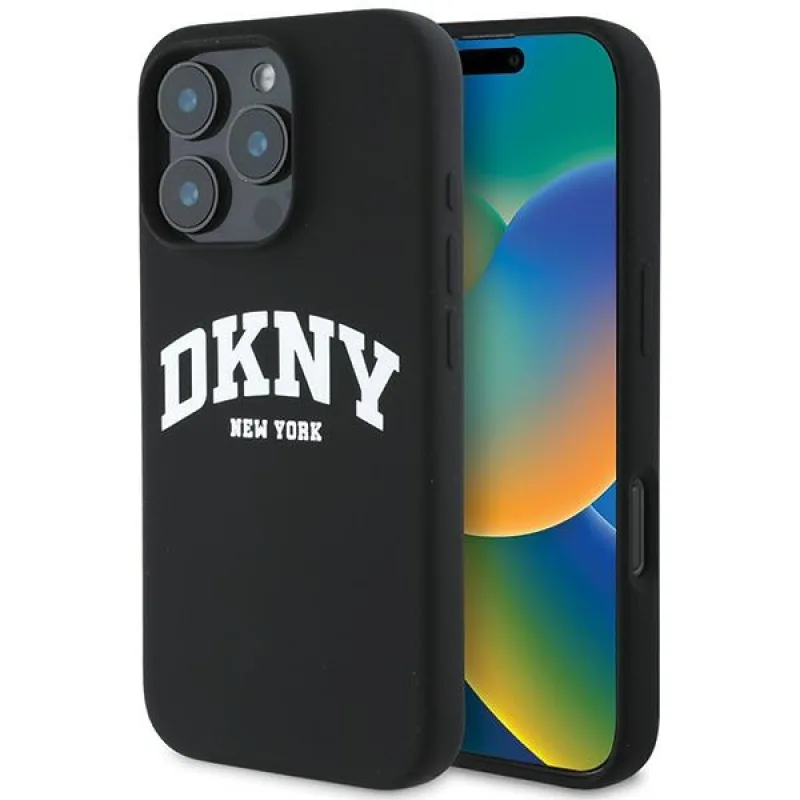 DKNY silikónové biele puzdro MagSafe s vytlačeným logom pre iPhone 16 Pro Max - čierne