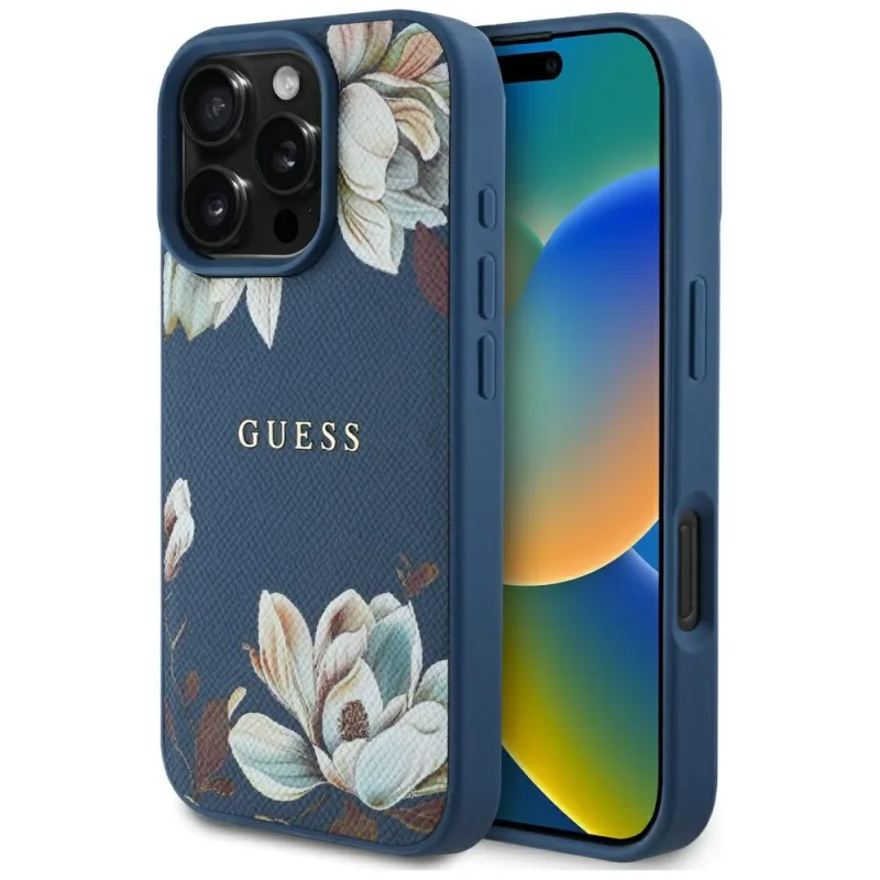 Guess Grained Printed Flower Pattern MagSafe puzdro pre iPhone 16 Pro modré