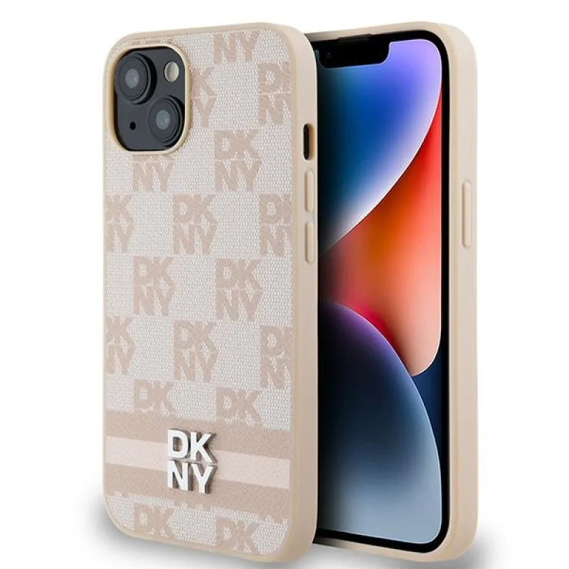 Kožené puzdro DKNY s kockovaným mono vzorom a tlačenými pruhmi pre iPhone 15 Plus / 14 Plus – ružové