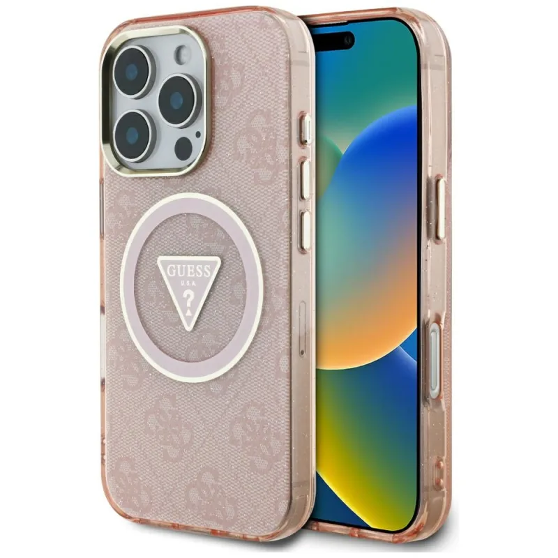 Puzdro Guess IML Metal Glitter 4G Circle Triangle MagSafe pre iPhone 16 Pro – ružové