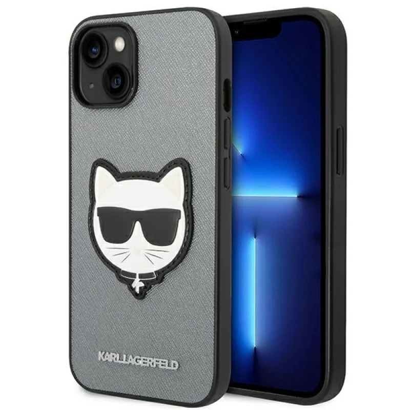 Obal Karl Lagerfeld Saffiano Choupette Head Patch pre iPhone 14 Plus - strieborný