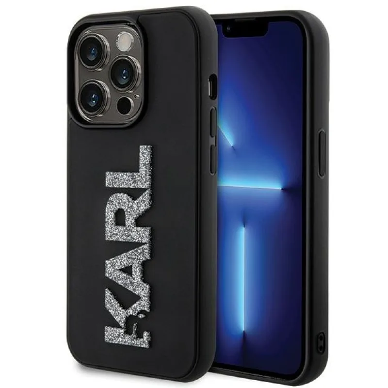 Puzdro Karl Lagerfeld s 3D gumovým trblietavým logom na iPhone 15 Pro – čierne