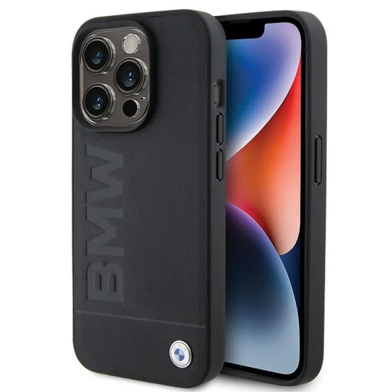 Kožené puzdro BMW Hot Stamp na iPhone 15 Pro Max – čierne