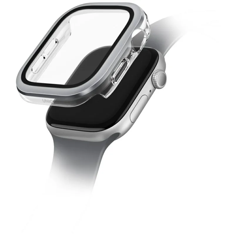 Puzdro z tvrdeného skla Uniq Voute pre Apple Watch 10 46 mm - strieborné