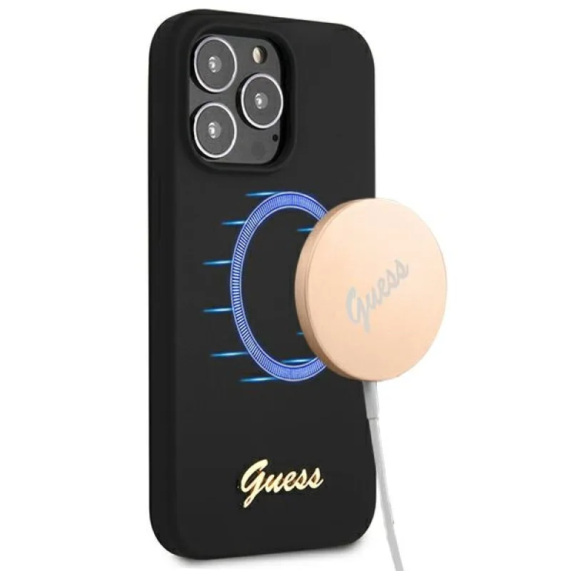 Guess GUHMP13LLSLMGBK iPhone 13 Pro / 13 6,1" čierne/čierne pevné puzdro Silicone Script Gold Logo MagSafe