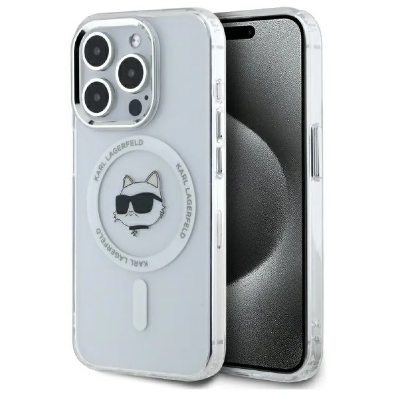 Puzdro Karl Lagerfeld IML Metal Choupette Head MagSafe iPhone 15 Pro – biele