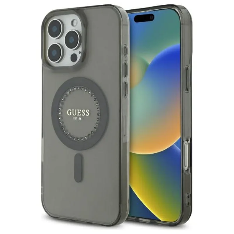 Puzdro Guess IML Rhinestones MagSafe pre iPhone 16 Pro Max – čierne