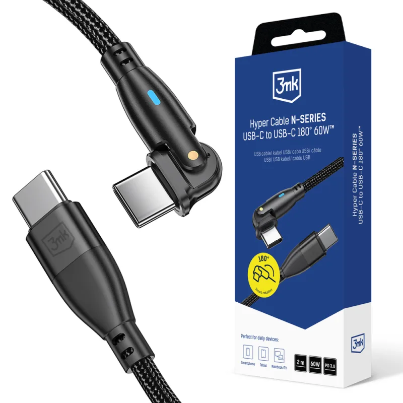 3mk Hyper kábel 3mk Hyper kábel N-SERIES USB-C / USB-C 2m 20V/3A 60W / čierny