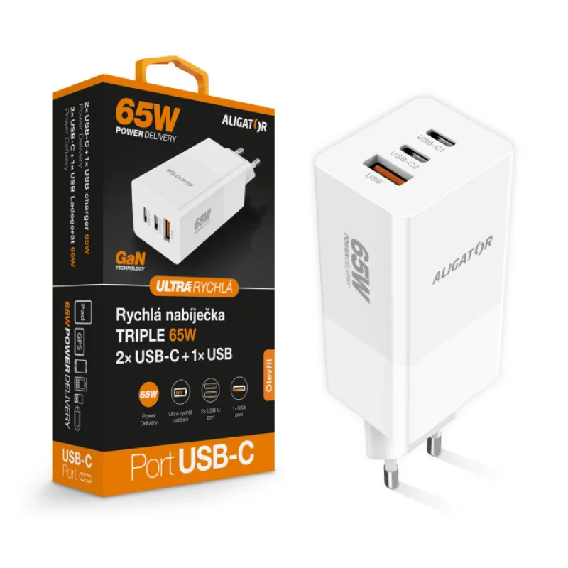 Aligator nabíjačka PD65W, 2USB-C, 1xUSB-A, biela CHPD0026