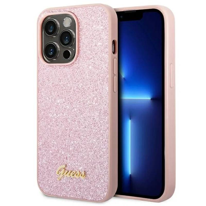 Puzdro Guess Glitter Script pre iPhone 14 Pro Max – ružové